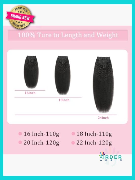 Clip In Hair Extensions Real Human Hair 24Inch Kinky Straight Double Weft 18